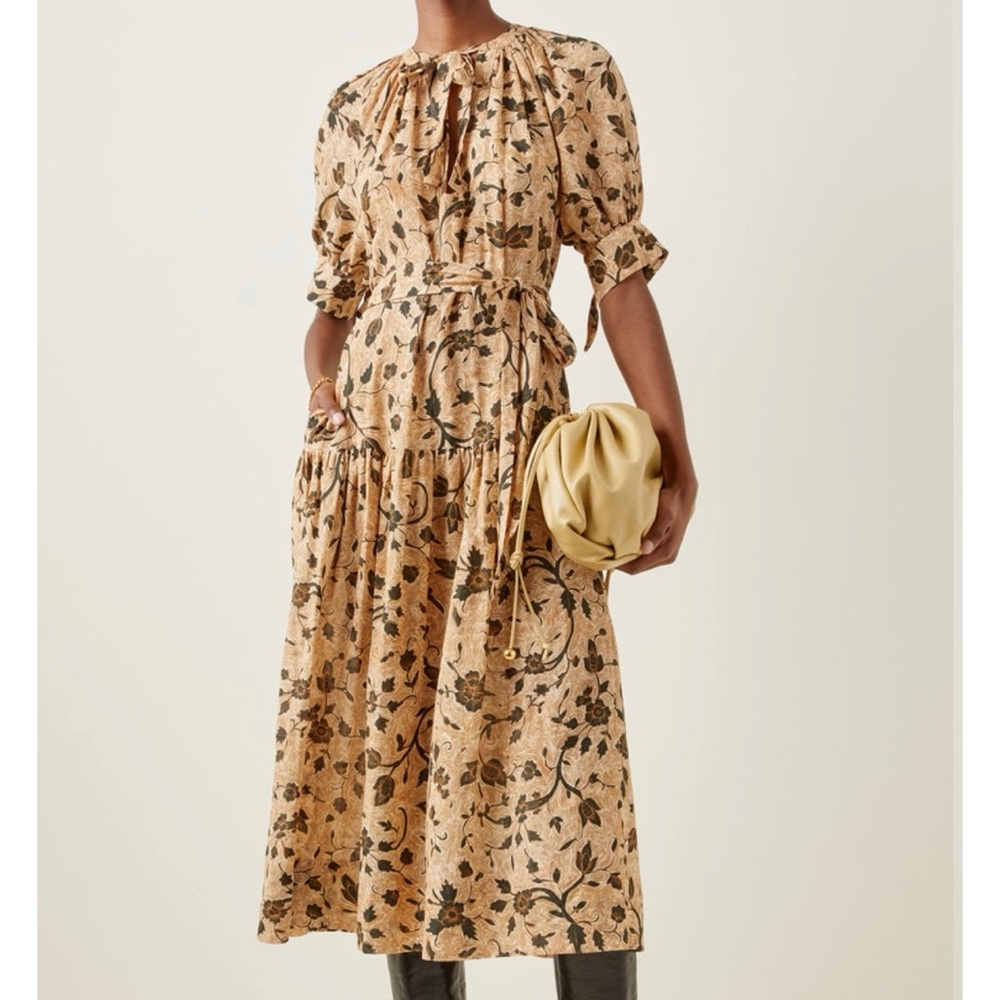Ulla Johnson Floral Midi Dress in Tan and Black